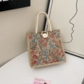 Sac à main rétro en lin avec imprimé floral vintage et anses en corde de coton - Rose Fleuri
