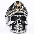 Detailed close-up of retro gothic skull ring featuring a military cap with gold eagle crest - US Size 8 / Two-tone Punk Style (06408 Two-tone)