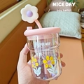 Detail of sunflower glass bottle with pink daisy straw cap and flower text design - 500ml / Pink
