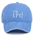 Close-up of Be Kind white embroidery and heart icon on light blue washed cotton cap - Light Blue