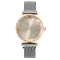 Women's rose gold quartz watch with grey sunburst dial and magnetic mesh band - Silver