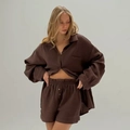 Women's 2-piece crinkle cotton long sleeve shirt and shorts lounge set in dark brown - S / Brown