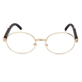 Detailweergave van ronde goudkleurige zonnebril met zwarte pootjes op witte achtergrond - Gouden Frame Transparante Lens