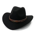 Black western cowboy felt hat featuring a brown leather band and metallic feather charm - One Size 58cm / Leaf Belt / Black