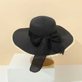 Elegant black wide-brim straw sun hat with large bow and contrasting beige trim - M(56-58cm) / Black