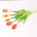 Bunch of 5 artificial orange-yellow gradient tulips with green leaves on white background - 5 Stems Bundle / Sunset Orange