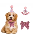 Pink sequin pet birthday party set with a glittery hat, bowtie and age numbers - Pink Hat + Large Bow Tie + Number Set
