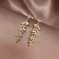 Elegant gold-plated marquise zircon tassel earrings in leaf design on champagne silk - Gold