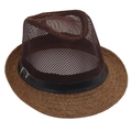 Detailed close-up of brown mesh vents and leather buckle strap on vintage fedora hat - Coffee
