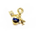 Detail of gold charms featuring a CZ camera, blue enamel globe, and a mini airplane - World Adventure/Globe