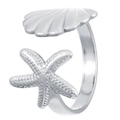 Adjustable silver starfish and seashell open ring in minimalist ocean vacation style - Stainless Steel Color Starfish & Shell Style