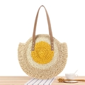 Round woven paper straw shoulder bag featuring a yellow egg design and leather handles - Large Striped Beige (Yellow Core)