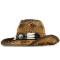 Handgefertigter Naturstroh-Cowboyhut mit Ethno-Türkisperlen und breiter Wellenkante - M(56-58cm) / Khaki