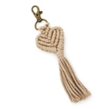 Beige handmade cotton rope woven heart keychain with tassel and bronze metal clasp - Light Coffee