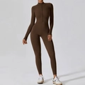 Coffee brown long sleeve yoga jumpsuit with zipper collar and slim fit athletic design - Coffee