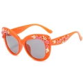 Baroque cat eye sunglasses in bright orange featuring pink floral and gold leaf temple accents - Orange Frame Grey Lens