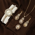 Elegant gold quartz watch set with rhinestone necklace, earrings and ring on silk fabric - Gold Oval Jewelry Set