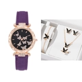 Close-up of women's purple butterfly watch set with gold jewelry in a gift box - Purple Butterfly Watch Set (Orange Box)