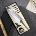 Vintage quill pen gift set with silver feather bronze handle and 5 nibs in black box - Cut Silver