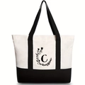 Canvas tote bag with black and white contrast design and floral letter C print - Letter C / 46*12*31CM