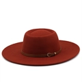 Close-up of wool fedora with brown leather strap and metal buckle on wide brim - M (56-58cm) / Caramel