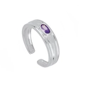 Detailed view of silver open ring featuring a smooth purple oval gemstone inlay - Adjustable Open / Purple Silver