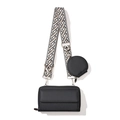 Black pebbled leather phone bag with ethnic patterned wide strap and round coin purse - Crossbody Bag Set / Black Bag Set