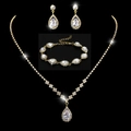 Detailed close-up of sparkling cubic zirconia teardrop necklace and earring set in gold - 463+796 3-Piece Set / Gold