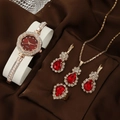 Golden women's quartz watch set with red gemstones, pearls, and rhinestones on satin - Red Waterdrop Jewelry Set