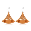 Close-up of fan-shaped brown wood earrings featuring intricate floral hollow carvings - Style 38/Fan Shape Flower Pattern Hollow
