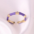 Adjustable golden bamboo ring with purple enamel sections and sparkling zircon accents - Adjustable Open / Purple