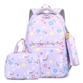 Three-piece purple student backpack set with rainbow prints including lunch bag and pencil case - Purple 3-Piece Set