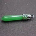 Green hexagonal crystal pillar pendant with silver hollow metal wrap on black background - Green Aventurine