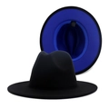 Chapeau de jazz bicolore noir et bleu en feutre de style britannique à large bord plat - M (56-58cm) / Noir avec Intérieur Bleu