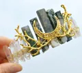 Detail of handmade crystal crown with moss agate, quartz, and golden crescent moon charm - Moss Agate+No.3 Crystal+Gold Branch+Gold Moon