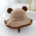 Detail of baby panda hat with khaki corduroy, faux fur trim, and adjustable windproof strap - 50cm (1-3 Years) / Khaki