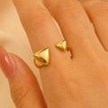 Adjustable gold geometric open ring featuring double triangle design on model hand - 18K Gold Minimalist Open (WG0-1131)