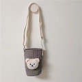 Grey quilted water bottle bag with embroidered white bear face and adjustable strap - Grey/White Bear