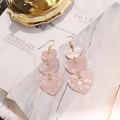 Pink marble layered heart drop earrings with gold hooks for a stylish feminine look - Pink Marble Pattern Triple Heart Earrings