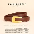 Brown leather belt for women with gold U-buckle and size guide chart 2.4cm width - Gold Buckle Brown