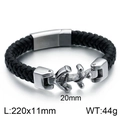 Men's black braided leather bracelet with silver steel anchor clasp 220x11mm - Anchor Style (KB94373-BD)