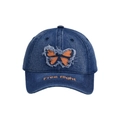 Dettaglio cappellino denim farfalla con ricamo Free Flight e patch sfrangiata sulla visiera - Blu scuro