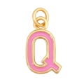 Pink enamel letter Q pendant charm with golden metal frame for necklaces - Pink - Letter Q