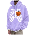 Purple fleece hoodie featuring white skeleton ribcage and pumpkin Halloween print - S / Tops / Purple
