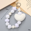 Plush heart bead charm 16cm long for phone and bag with white faux fur and metal ring - White