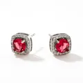 Square silver stud earrings with round red zircon center and halo diamonds, 0.9cm size - Silver-Rose Red Zircon