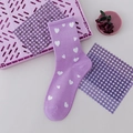 Purple cotton crew sock with white heart pattern displayed in a creative flat lay setup - Purple Floral (No. 06)