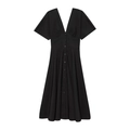Close-up of black V-neck midi dress with short sleeves and front button closure - XS / Black