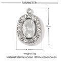 Macro detail of oval stainless steel pendant with zircon centerpiece and size markings - Silver Oval Rhinestone (VG099)