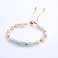 Aquamarine pillar stones and pearl adjustable bracelet with gold-plated metal beads - Aquamarine
